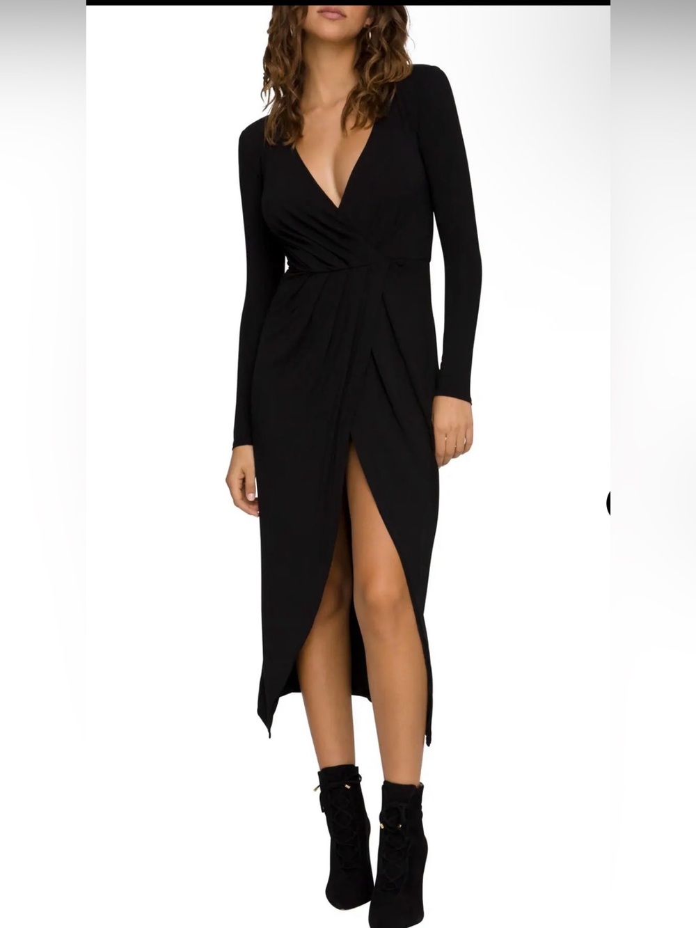 Good American Black Long Sleeve Wrap Midi Dress Front Slit size 1 / Small NEW